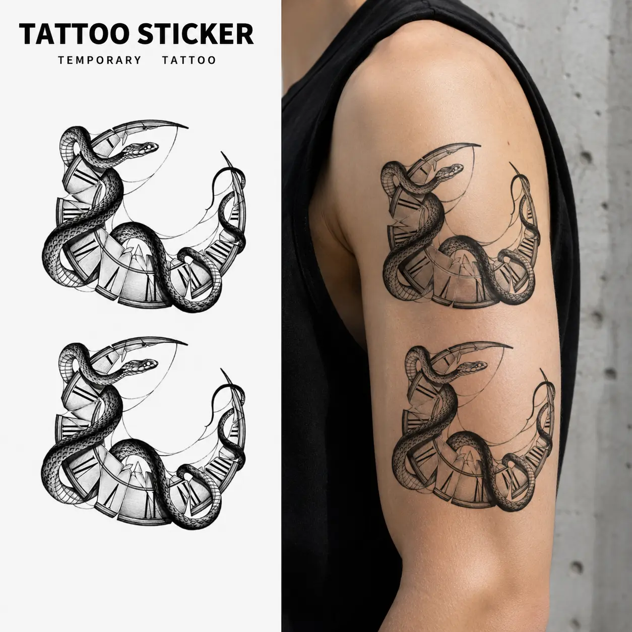 Limited Buy 1 Get 1! Ultra Realistic Temporary Tattoo Stickers - Durable Fake Tattoos, Snake Clock Design, Waterproof & Long Lasting, Perfect for Henna Tattoo Kit Style Body Art