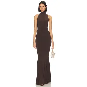 Norma Kamali Halter Turtle Fishtail Gown in Chocolate