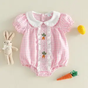 Infant Baby Girls Easter Romper Carrot Bunny Embroidered Plaid Doll Collar Short Sleeve Newborn Jumpsuit 0-18 Months