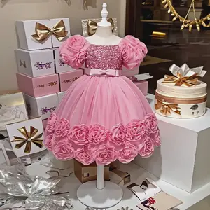 Girls Short Sleeve Party Dress Floral Embroidery Puffy Tulle Bow Flower Girl Princess Gown