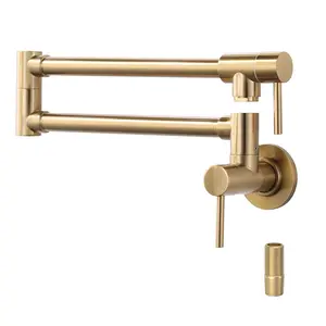 WOWOW Brushed Gold Kitchen Sink Pot Filler Faucets, Wall Mount Folding Kitchen Pot Filler, Retractable Single Hole with Two Handles for Sink Stove