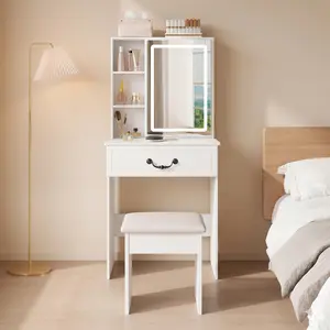 Small Vanity Desk with Mirror, Makeup Vanity Table with Drawer & 3 Open Shelves & Stool,Dressing Table Set for Bedroom, White