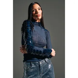 VELMA VINYL SINGLE SLEEVE SCALE TOP IN NAVY