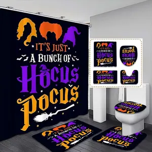 Halloween Shower Curtain Set, Waterproof Cartoon Witch Design, Includes 12 Hooks, Bath Mat, Toilet Lid Cover, U-Shaped Tray, Perfect Gift