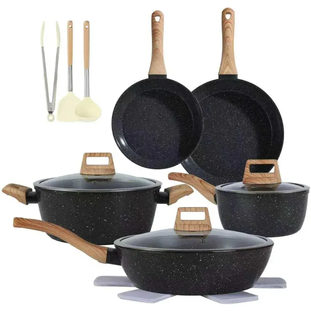 15-Piece Anti-Adhesive Ceramic Nonstick Cookware Set - PFAS-Free, Silicone-Coated, Induction-Compatible, Dishwasher-Safe for Health-Conscious Cooks, Includes 11" 4.5qt Covered Fryer, 1.5qt Covered Stewer, Tongs, Ships from US Warehouse