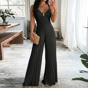 ChicMe Women's Metal Decor Deep V-Neck Adjustable Spaghetti Straps Hollow-out Front Overalls Casual Shirred Back Cinched Waist Pleated Wide Leg Jumpsuit
