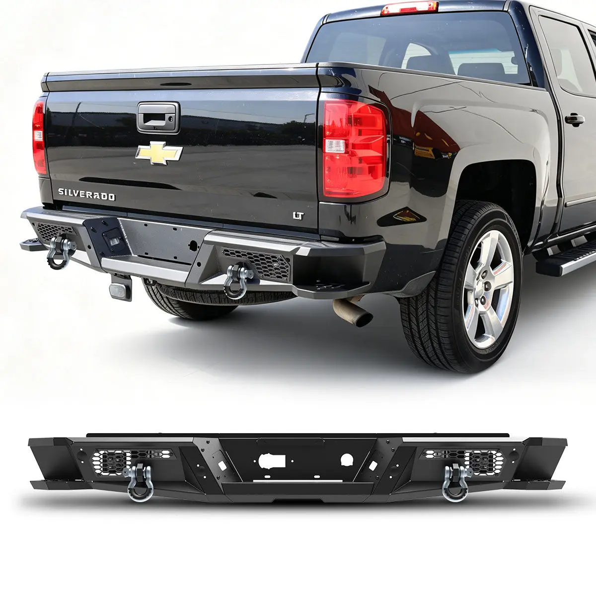 WOLFSTORM Heavy Steel Rear Bumper for 2007-2018 Chevrolet Silverado 1500, 2007-2018 GMC Sierra 1500 Truck with Light Pods for Enhanced Protection