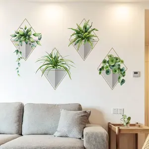 Green Plant Wall Decals Creative Rhombus 3D Potted Plant Wall Stickers for Living Room Bedroom Home office Wall Decor