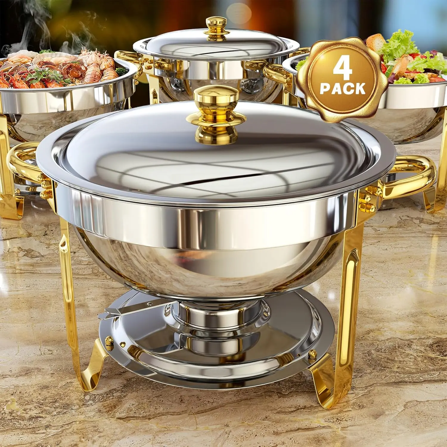 Chafing Dishes for Buffet 4 Pack, 5QT Round Chafing Dish Buffet Set Stainless Steel Buffet Food Warmers Sets for Catering Events Parties Dinners with Complete Set