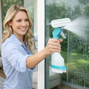 4 in 1 Window Cleaner Tool with Squeegee & Sprayer, 10" Streak-Free Scraper Kit, Portable Multifunction Refillable Bottle for Glass/Shower/Car (Blue)