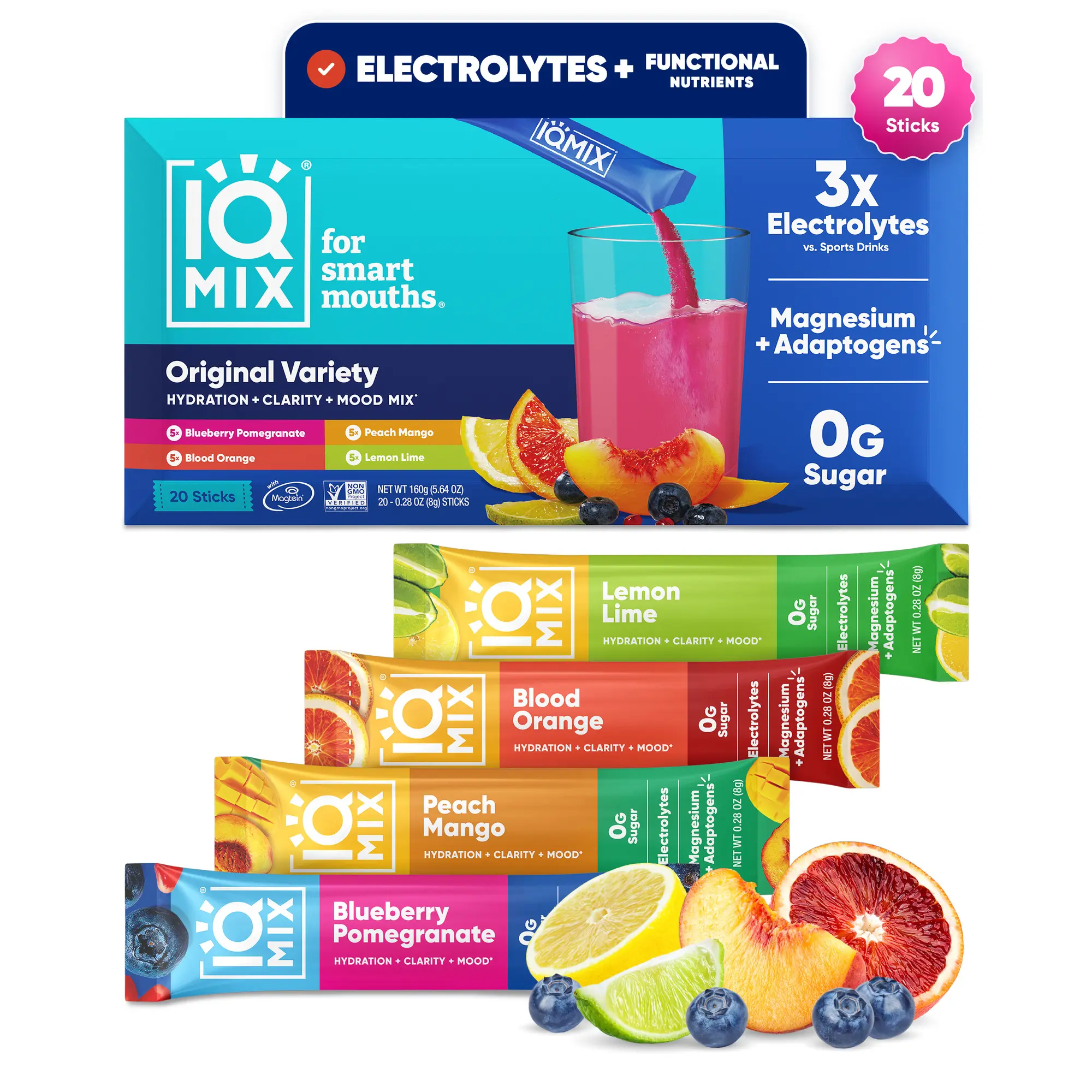 IQMIX Variety Pack (20 Sticks) - Sugar-Free Electrolytes Powder Packets, Lemon Healthy Drink Mix with Essential Minerals, Nutrition Supplement for Fitness, Powdered Health Supplement Supply, Drink Powder