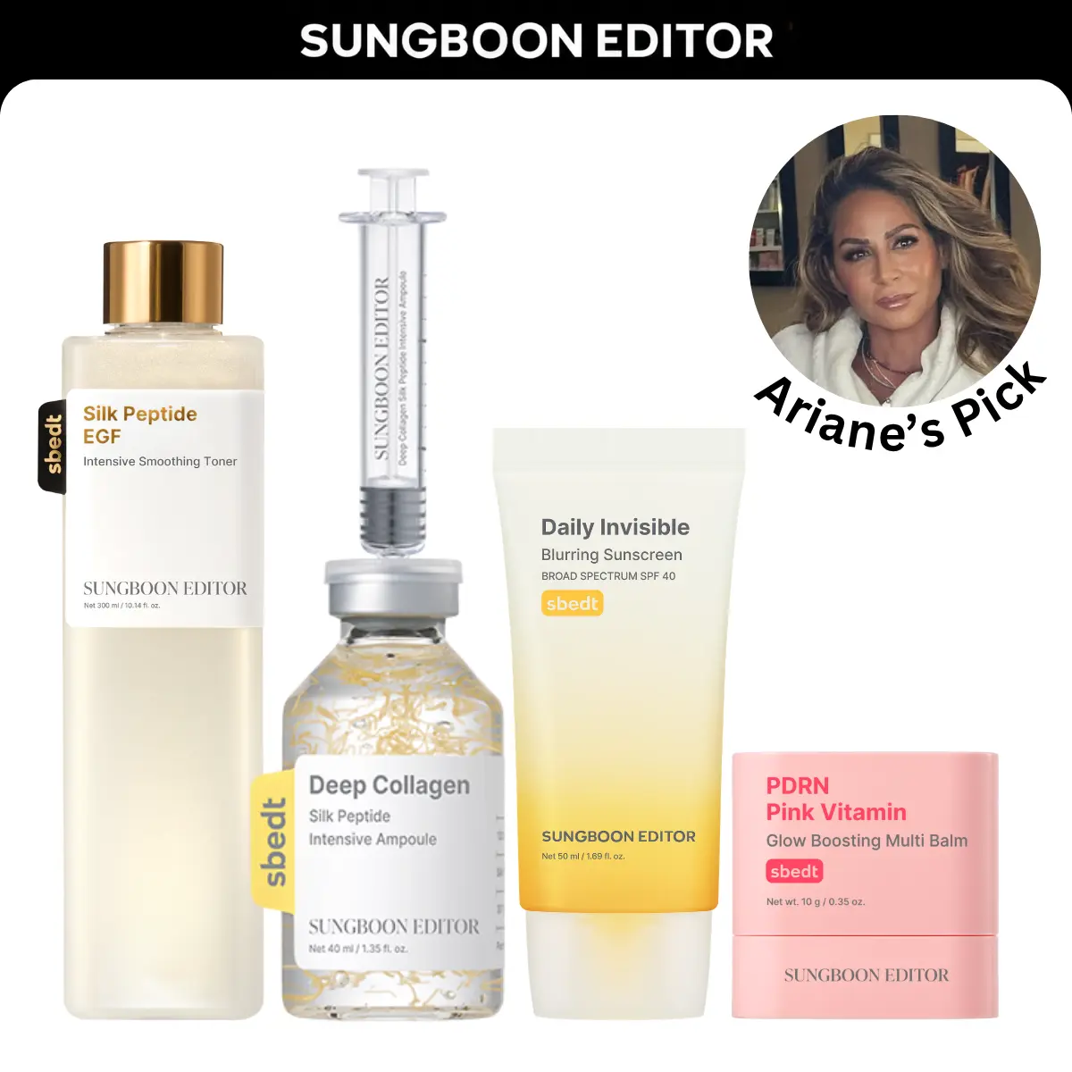 [Sungboon] Ariane's Silk-Smooth Shield Set | Silk Peptide EGF Toner + Deep Collagen Ampoule + Daily Invisible SPF 40 Sunscreen + PDRN Pink Vitamin Balm | Korean Skincare 4-Piece Set
