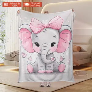 60*80in Lightweight Cozy Flannel Throw Blanket, Cute Little Elephant on the Moon Personality Print, Portable Machine Washable Blanket, Lightweight Cozy Blanket