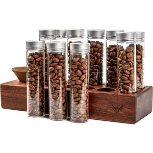 Single Dose Coffee Bean Storage Tubes 10 Pcs 2 Oz Dosing Glass Vials With Lids Coffee Bean Cellar With Wooden Display Stand And Funnel