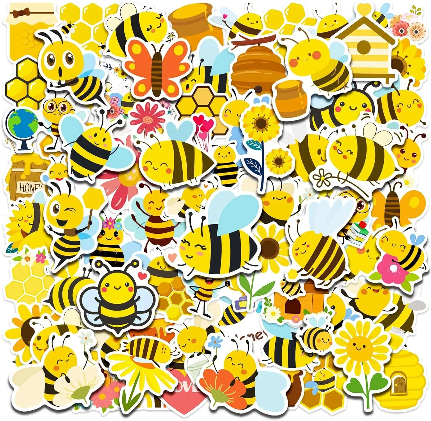 100pcs Bee Theme Waterproof Vinyl Stickers - Bumble Bee Decor & Party Favors Gifts for Laptop, Water Bottle, Skateboard