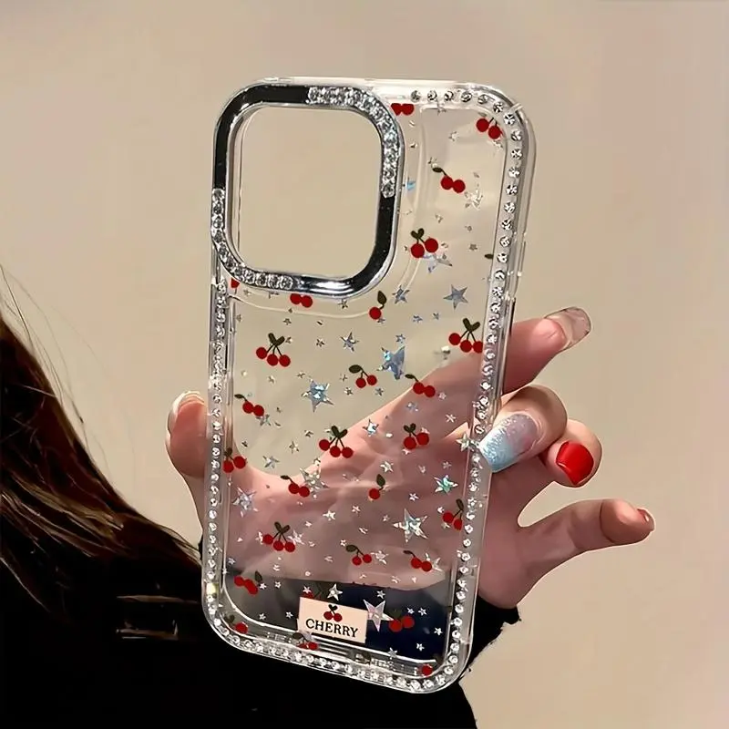 Protective Cherry Smartphone Case for iPhone 17, 16 Pro Max, 15 Plus, 14, 12 - Full-Screen, Large-Hole Rhinestone Star Frame, Handheld Cellphone Protection Cover, Ideal Gift for Christmas, New Year, Casing, Accessories