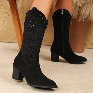 Vintage Pointed Toe Embroidered Fashion Boots Thick Sole British Style Long Mid-Calf Boots Long Boots Petite Over the Knee