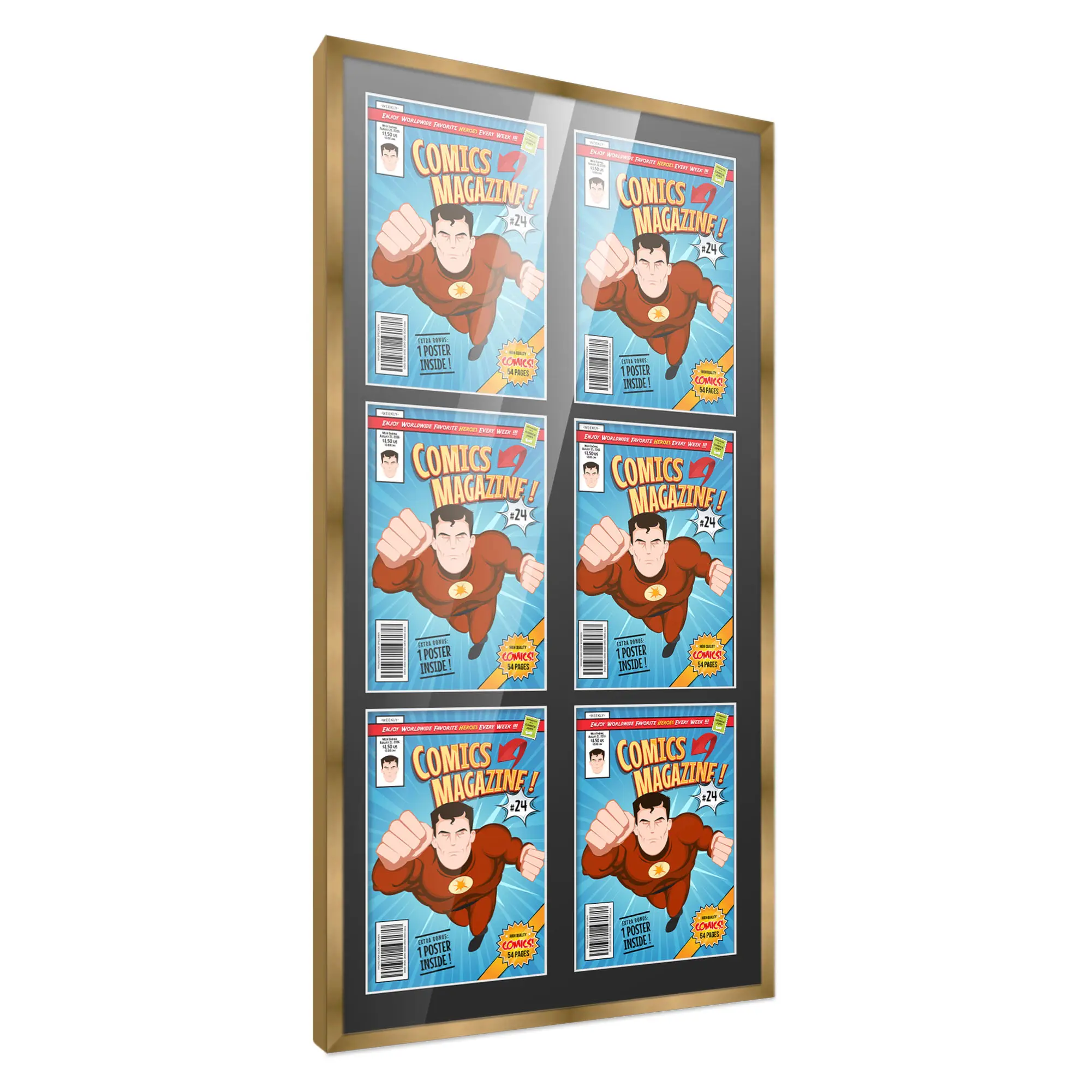 Comic Book Frame with Mat for 6 Bronze Age Comics Published Between 1970 and 1985 - Bronze Wood Comic Frame With Black Mat for 7.25x10.5 Comics - 20x38.5 Frame Size