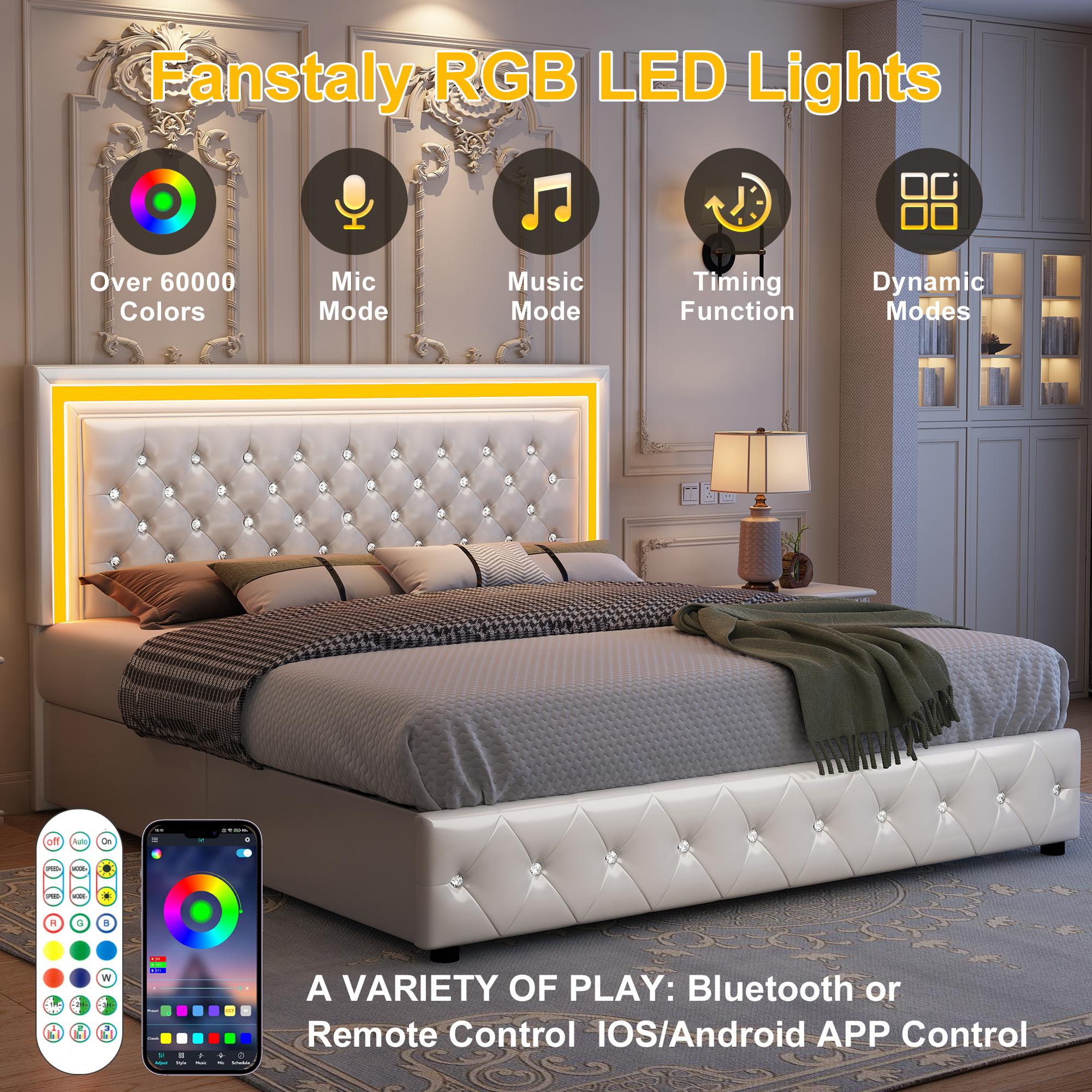 GEGOFORU Queen LED Storage Bed Frame with RGB Headboard, Music Sync & APP Control, 4 Drawers, PU Upholstered, Noise-Free, No Box Spring Needed, White
