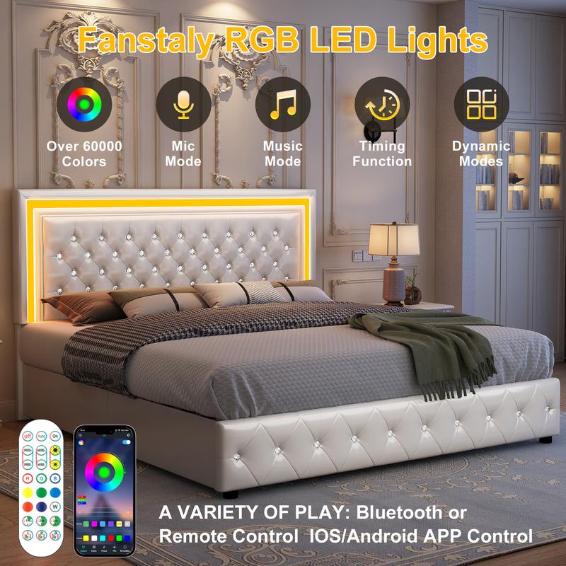 GEGOFORU Queen LED Storage Bed Frame with RGB Headboard, Music Sync & APP Control, 4 Drawers, PU Upholstered, Noise-Free, No Box Spring Needed, White