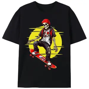 Skeleton Skateboarder Cartoon Graphic Print Men's T-Shirt, Unisex Teen Street Style Casual Short Sleeve Tee