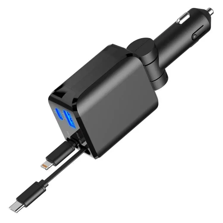 60W USB-C Super Fast Charging Retractable Car Adapter Charger - 4-in-1 60W Rage Mode, 20W iPhone Revive, 180° Pivot, Lightning Cable, 2 Extra Ports, 31.5in Max, 4-Device Road Warrior for iPhone 15/14/13 Pro Max, iPad, AirPods, Samsung Galaxy S23/S22/S10