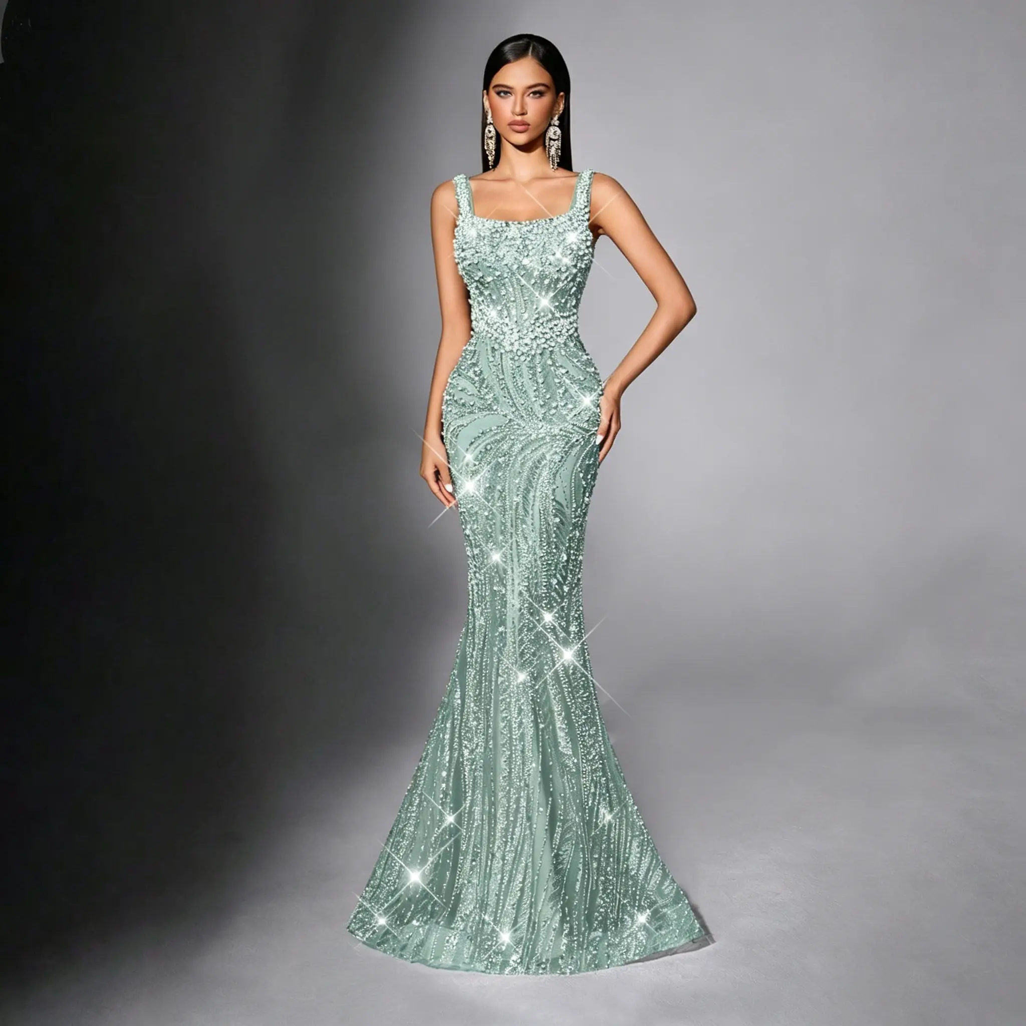 Mint Blue Square Neck Backless Mermaid Evening Gown Full Beaded Rhinestone Sleeveless Bodycon Formal Dress Elegant Floor Length Prom Gala Wedding Party Gown Adjustable Waist Tightness Womenswear