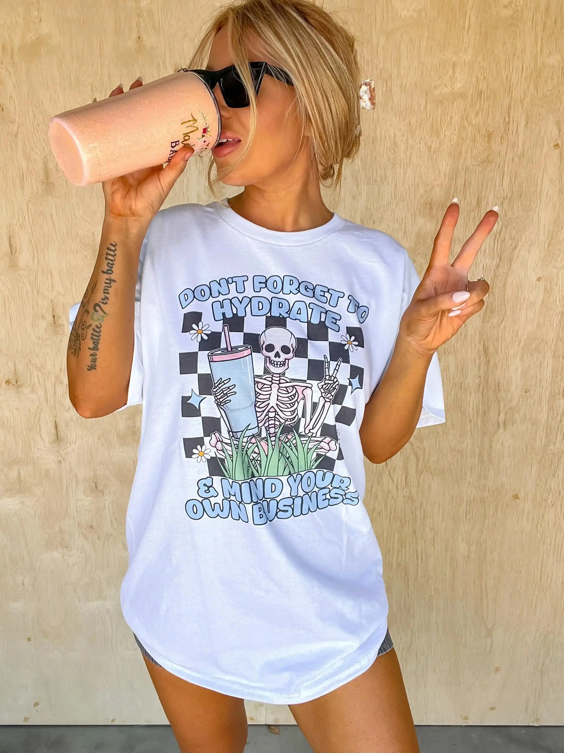 Womens Graphic Tee Don’t Forget To Hydrate And Mind Your Own Business Skeleton Print Casual Design T Shirt Streetwear Style Crewneck Short Sleeve Soft Cotton Breathable Comfortable Fit Relaxed Fit Daily Wear Trendy Aesthetic Fashion