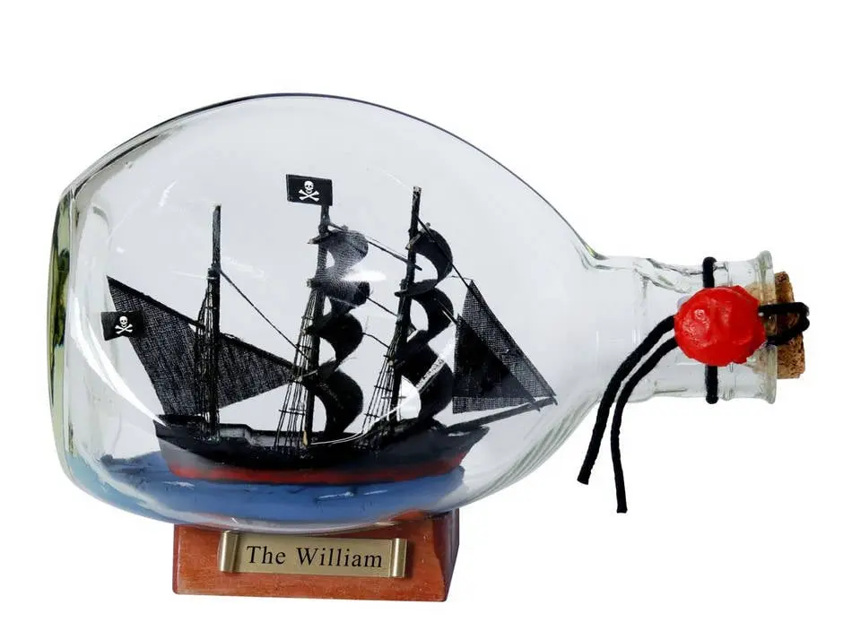 360 Stand Handmade Wooden-Metal-Glass Calico Jack The William Pirate Ship in a Bottle, 4x7x3.5" Home Decor Statue Figurine for Indoor Display, Hand-Made Miniatures, Desk Ornament, Room Accessories, Collectibles