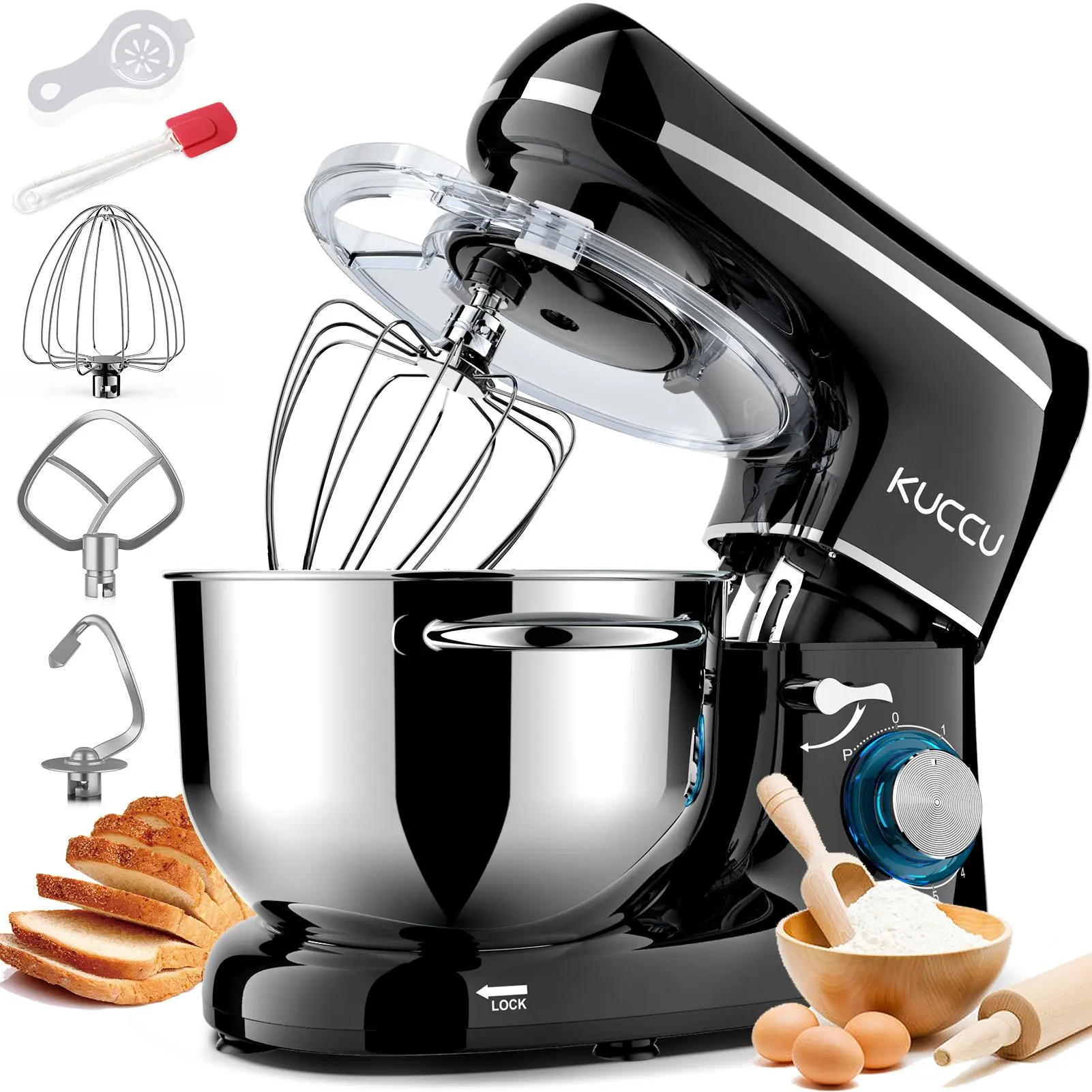 Vertical Mixer, 660W 6+P Tilt-Head Food Dough Mixer, Kitchen Electric Mixer, Equipped with 6.5QT Stainless Steel Bowl, Dough Hook, Mixer Beater, Whisk, and Egg White Separator