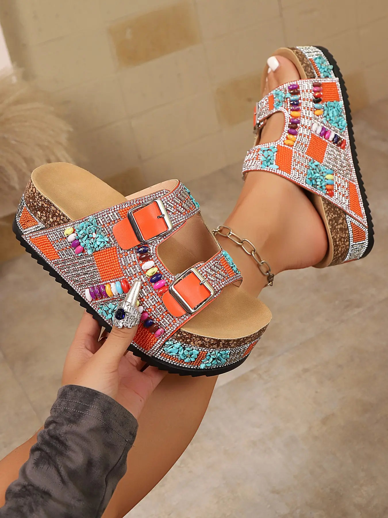 Women's Boho Rhinestone Thick Sole Sandals, Dual Buckle Outdoor Beach Vacation Shoes, Ethnic Style Colorful Beaded Elevator Slippers, Elegant Fashionable Sandals, Boho Casual Sandals, Bohemian Style Sandals