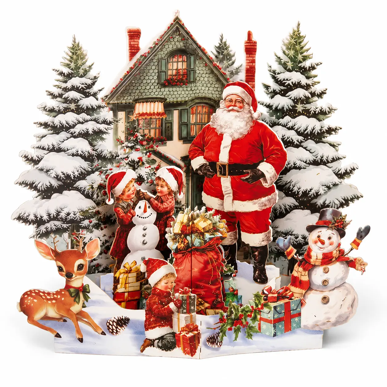 3D Pop Up Christmas Greeting Card with Red Envelope - Office Stationery with Detailed Winter Village, Santa Claus Design - Stocking Stuffers, Holiday Gift for Teachers, Coworkers