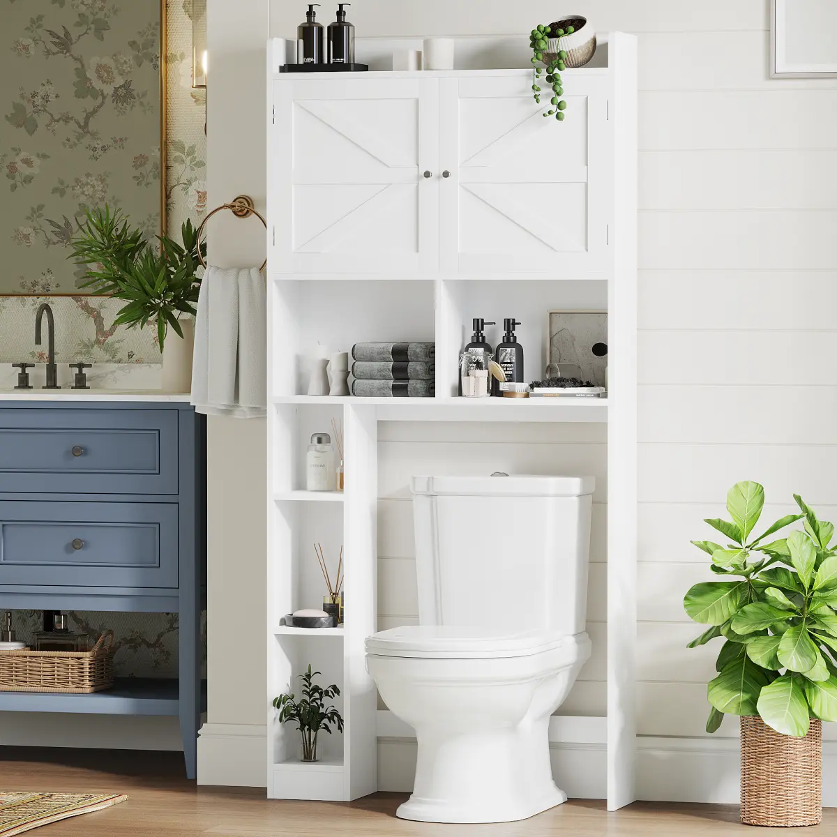 White MDF Wood Freestanding Bathroom Cupboard - Indoor Storage Furniture, Multifunctional Cabinet with 2 Doors, Open Shelves, 1 Adjustable Shelf, Furniture Unit Tall Cupboards, Door Cabinet Organizer, Freestanding Storage