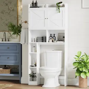 Over The Toilet Storage Cabinet, Freestanding Bathroom Space Saver with Double Doors and Open Shelves, White MDF Organizer Rack with Adjustable Shelf