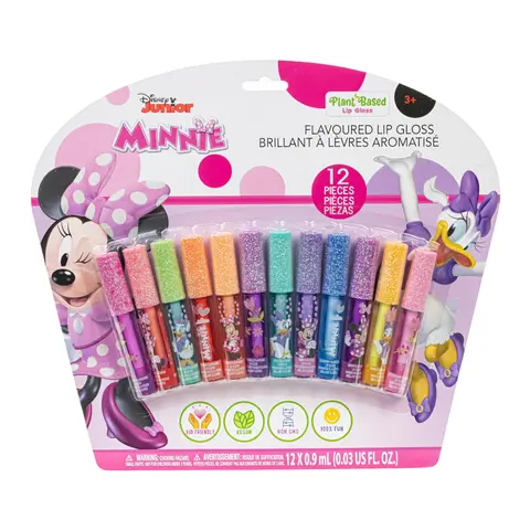 Townley Girl Disney Minnie Mouse 12-Piece Gentle Plant-Based Moisturizing Scented Cosmetic Pack - Girls' Lip Care Makeup Products with Lipgloss, Cartoon & Multiple Shades Lipstick & Lip Gloss, Christmas Gift (Ages 3+)