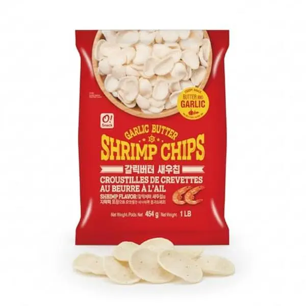Korean Food O!Snack Garlic Butter Shrimp Chips, Crispy Shrimp Snack with Butter & Garlic Flavor, Extra Large 1 lb Bag, Family Size, Great for Sharing