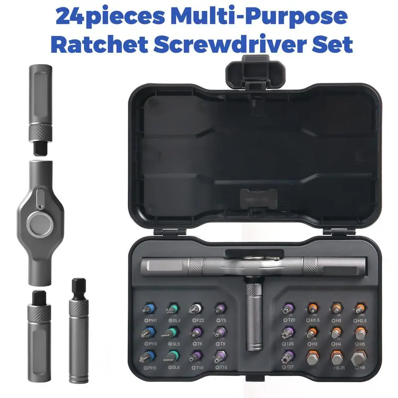 24-in-1 DIY screwdriver set featuring a magnetic cam handle that switches shapes, compact portable multifunctional bits, detachable T-shaped hardware components, precision tools for electronic devices, and a household everyday repair toolbox.