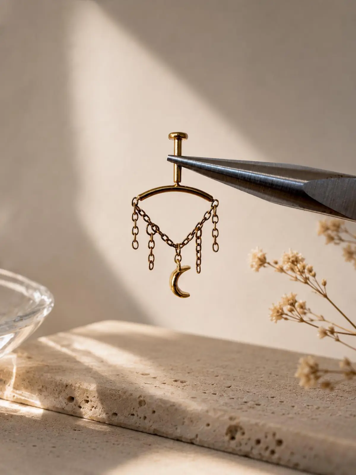Threadless Vertical Helix Earring with Moon Charm, Titanium Chain Cartilage Earring, Celestial Earrings