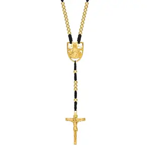 14K Gold-Plated Jesus Christ Crucifix Cross with the Lord's Prayer Pendant and Black Bead Cord Long Catholic Faith Necklace Custom Designer Pocket Religious Prayer Jewelry Christian Gift of Protection and Blessing