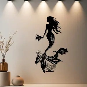 HousewarmingGift|1pc Mermaid Metal Wall Decor, Mermaid Statue Mural with Premium Finish - Ideal Gift for Valentine's Day & Halloween & Christmas & Housewarming & Holiday Season & Spring Decor (Autumn Decor) - Metal Wall Sculptures for Bedroom Wall &