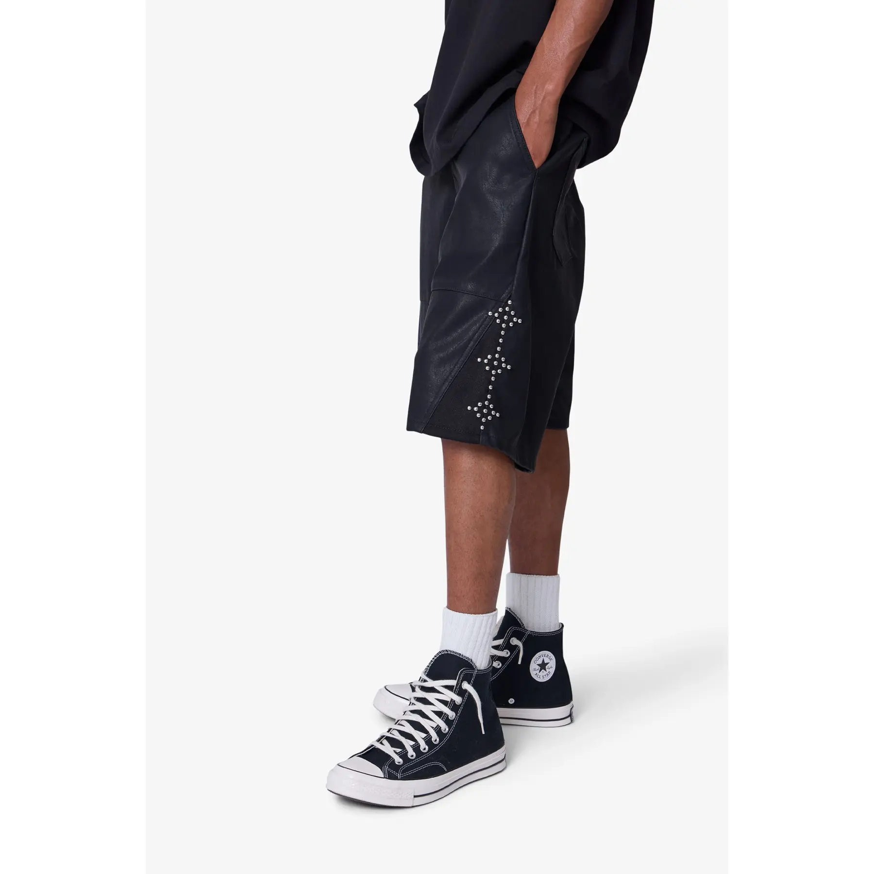 mnml Ultra Baggy Leather Studded Shorts - Black - TikTok Shop