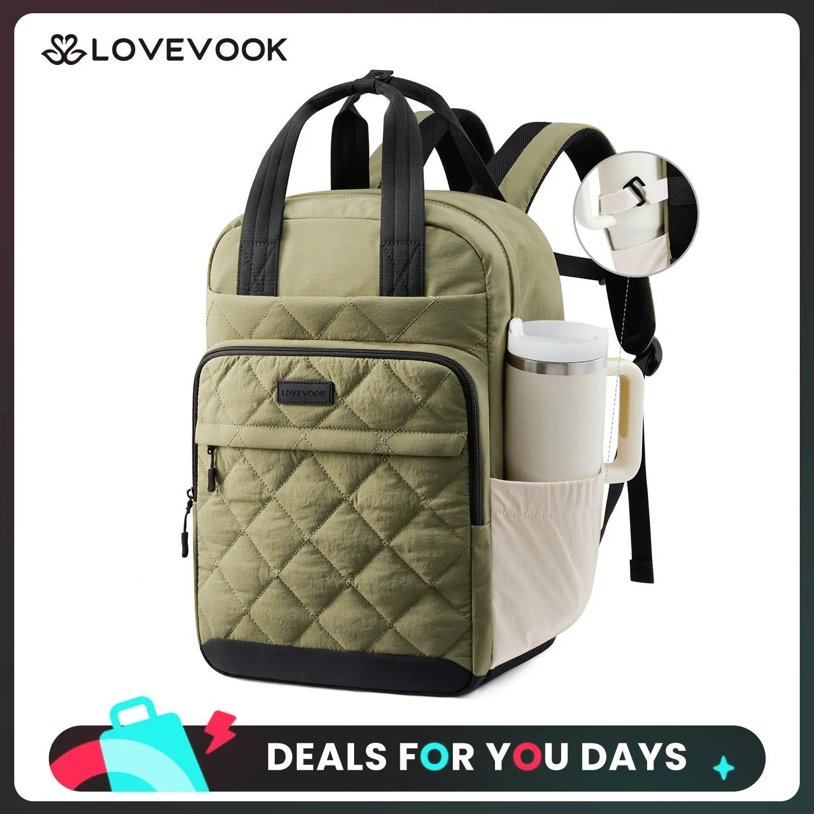 LOVEVOOK Puffer Backpack for Women Fits 15.6 Inch Laptop, Quilted Travel Backpacks Purse with Large Cup Holder, Teacher Computer Work Bags College Shool Bookbag, Puffy Carry On Personal Item Bag