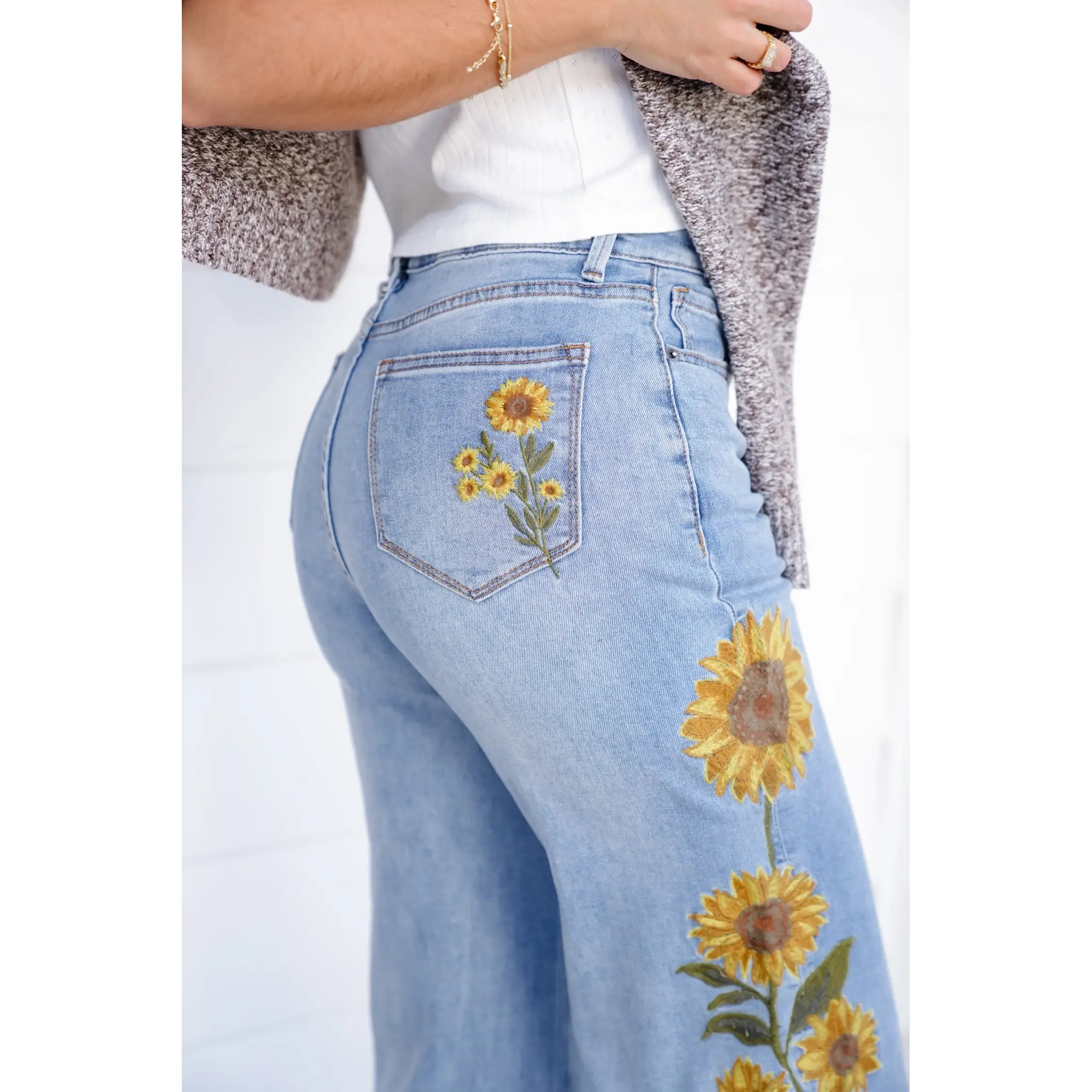 Light Wash Embroidered Sunflower Denim Jeans - TikTok Shop
