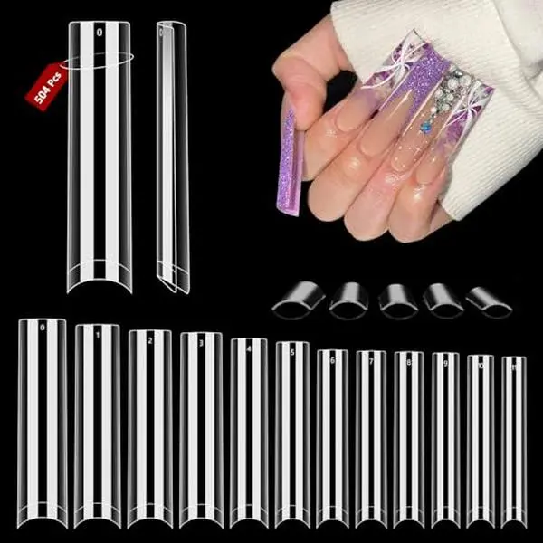 504PCS Clear Square Nail Tips for Acrylic Nails, 3XL No C Curve Straight | Tapered Square, Flat, Half Cover, 12 Sizes 0-11, No Crease, for Nail Techs, DIY Salon, Beginners Nail Extension Practice