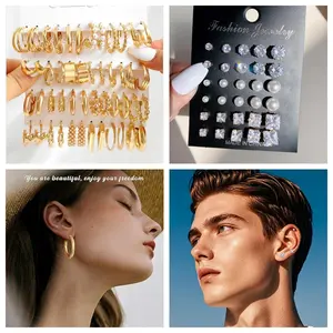 【39 Pairs / 78 pcs】Golden Color Earrings Set Sparkly Cubic Zirconia Earrings Set White Pearl Earring Set for Multiple Piercing,Fashion Jewelry Earring Gift for Valentine's Day, Christmas gifts, Wedding,Anniversary,Thanksgiving Day,Birthday,Mother's Day