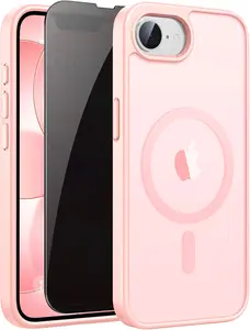 Magnetic for iphone 17E/16E Case Matte, with Privacy Tempered Screen Protector, 17E/16E Phone Case Compatible with MagSafe Frosted Translucent Shockproof Anti-Scratch Slim Fit Case Military Grade Protection (Pink)