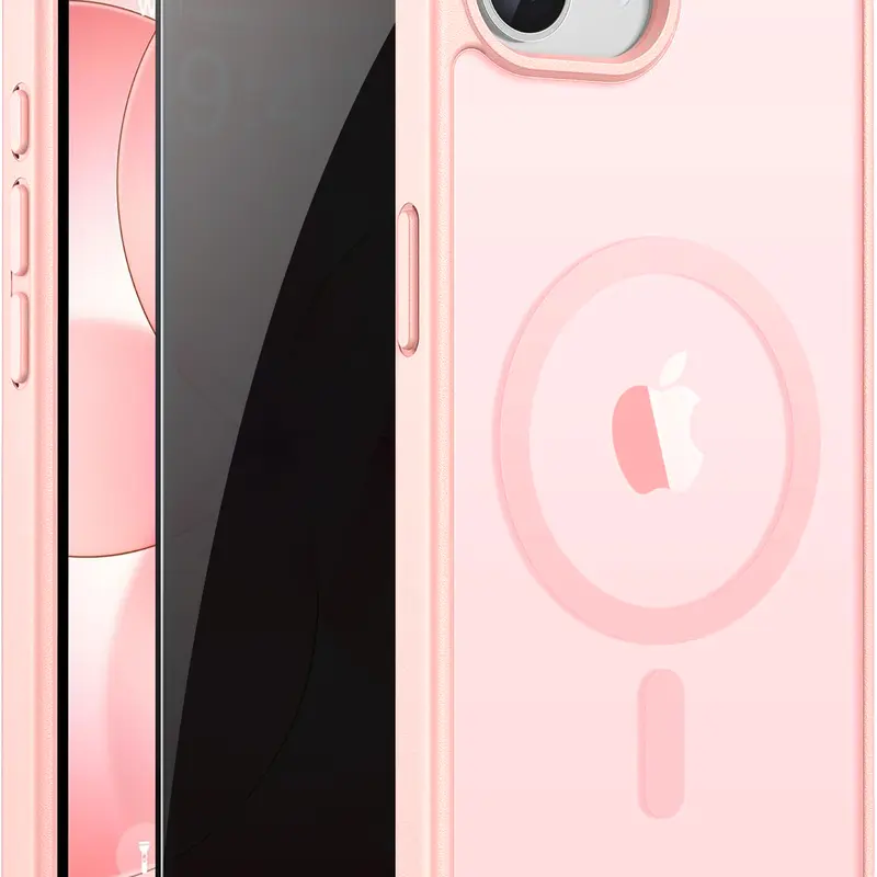 MagSafe-Compatible Protective Phone Case & Privacy Tempered Screen Protector Set for iPhone 17E-16E, Pink Matte Frosted Translucent Casing, Slim Fit, Military Grade Shockproof Anti-Scratch Cover Accessories