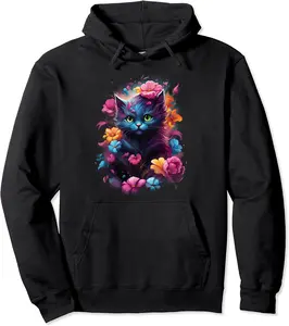 Cute Cat in Colourful Flowers Pullover Hoodie - Robertbobby Shop 81B0CM6VTLV5
