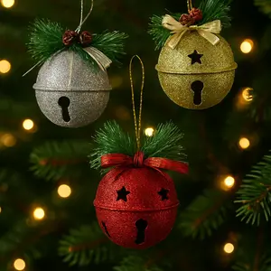 pack of 3 Glitter Bell Ornaments with Pine Accents for Festive Home Decor - Perfect for Christmas and New Year's Celebrations Decoration