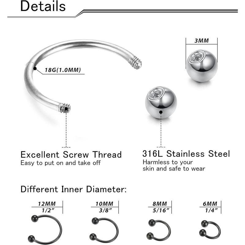 Sanfenly 48Pcs 14G Stainless Steel Horseshoe Nose Septum Rings Piercing Jewelry Cartilage Helix Tragus Earring Hoop Eyebrow Lip Hoop Piercing Ring for Women Men 6mm 8mm 10mm 12mm Beads Gold